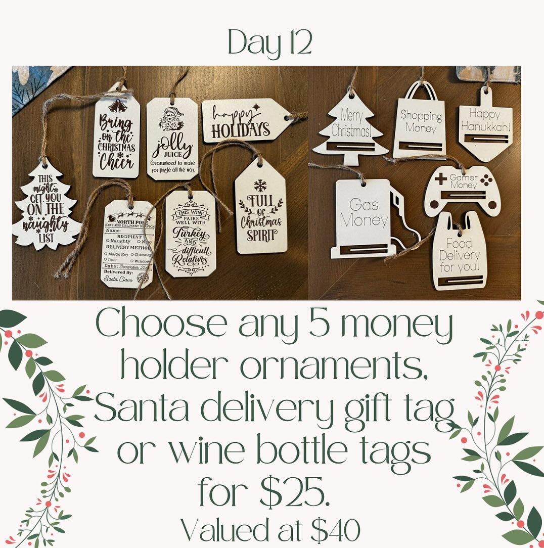 I can&rsquo;t believe we&rsquo;re on Day 12!!!!! This is a good one to have around for last minute gifts or hostess gifts. Slap one of these on a wine bottle, stick a money holder into a card and you&rsquo;re good to go!! 5 for $25  I can also make &