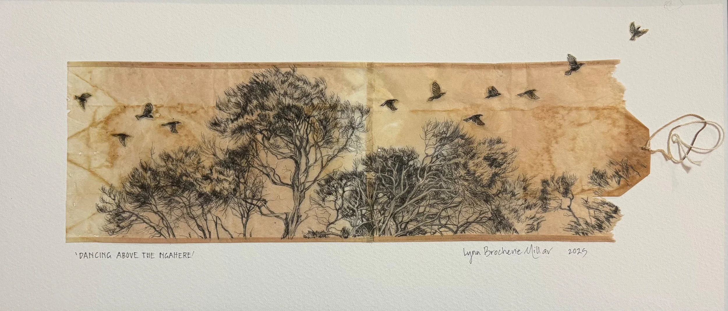 20: Lynn Brocherie Millar SOLD 
Invercargill 
Dancing above the Ngahere  
425mm x 200mm 
Drawing (pencil, charcoal etc) 
$595.00 
