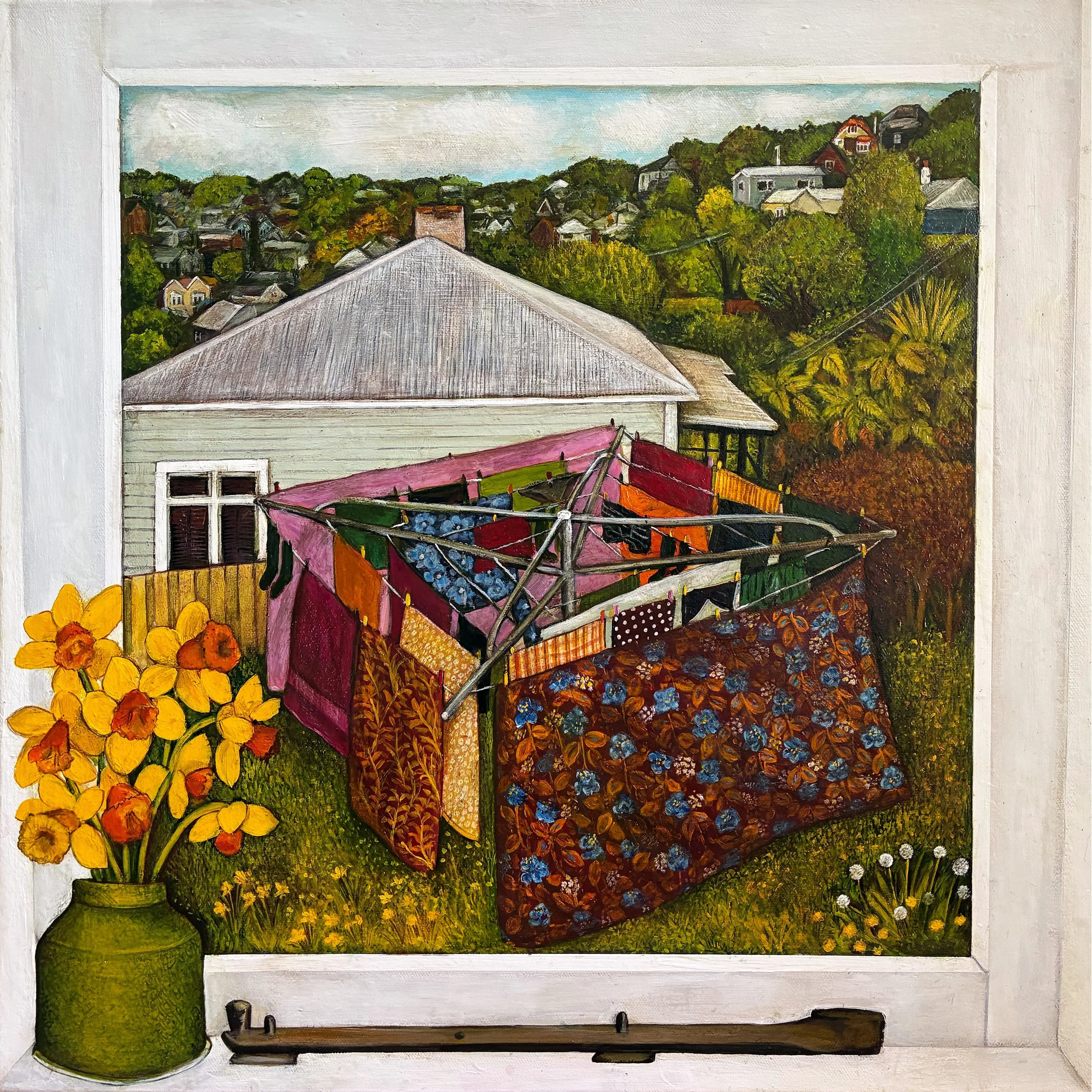121: Maisie Robinson SOLD 
Ōtepoti, Dunedin 
From the Kitchen window 
500mm x 500mm 
Acrylic Painting 
$1500.00 
