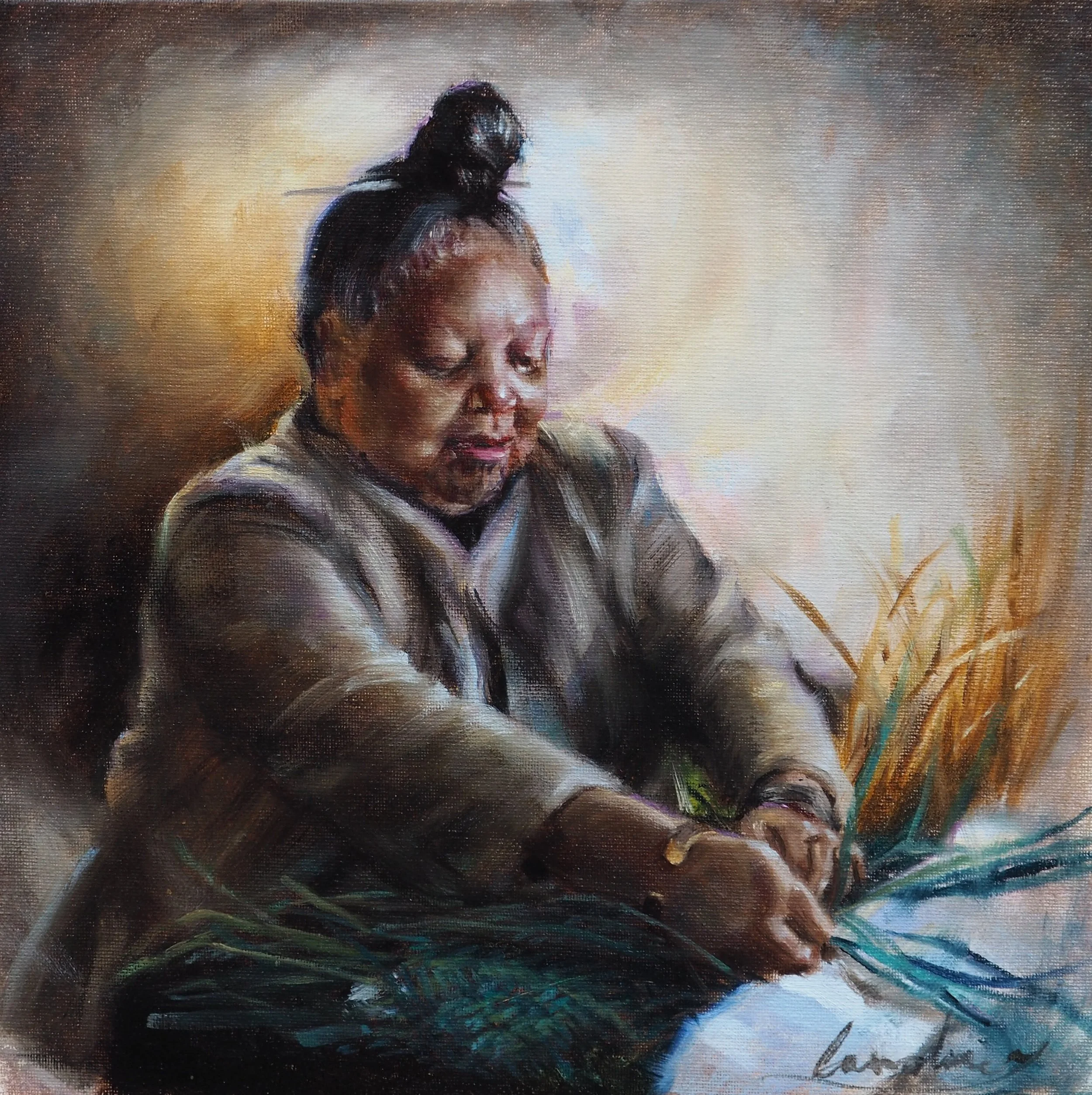 68: Caroline Kelly SOLD 
Christchurch 
Raranga: Maori Weaver 
300mm x 300mm 
Oil Painting 
$950.00 
