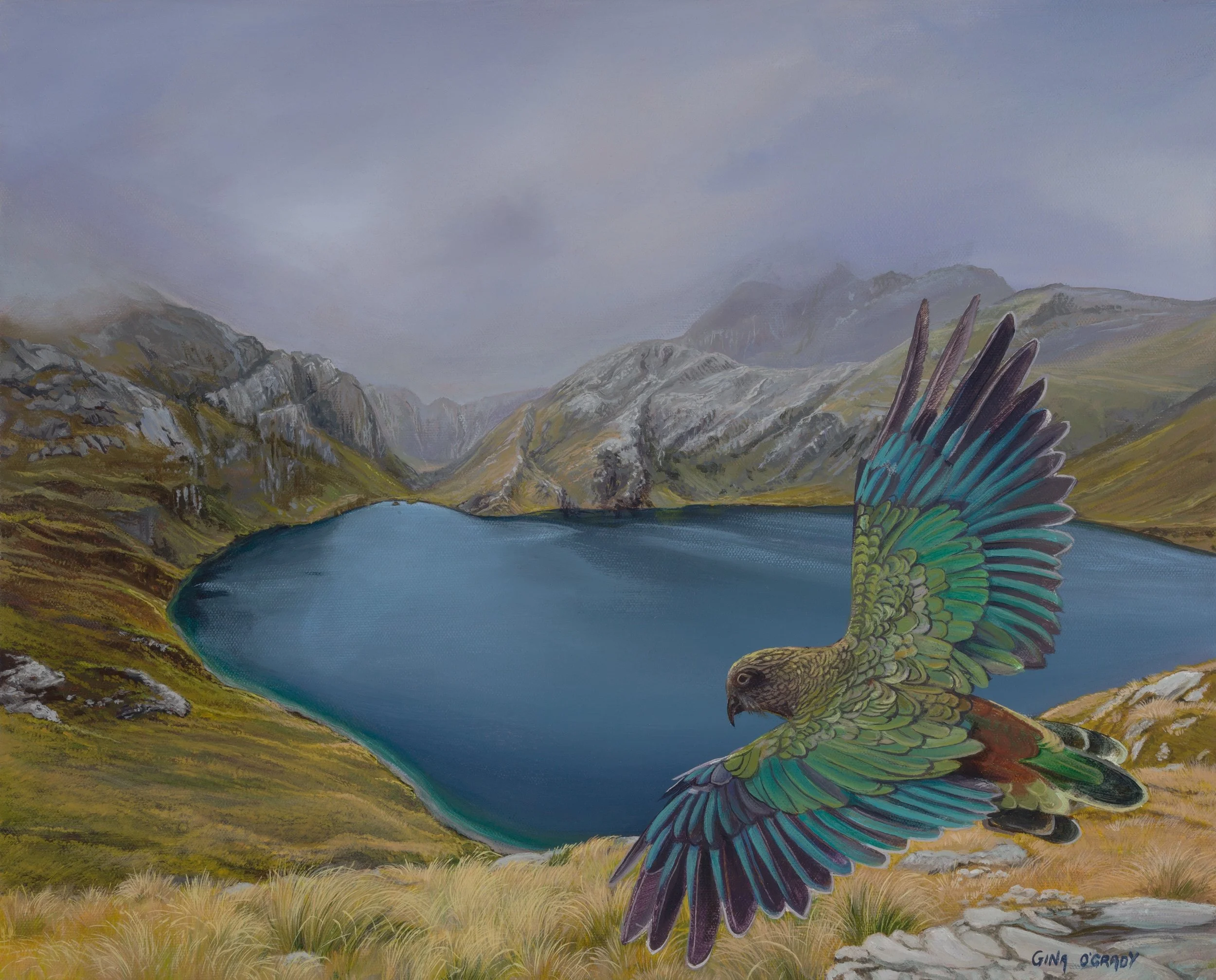105: Gina O'Grady 
Auckland 
Lake Harris Flight 
500mm x 400mm 
Acrylic Painting 
$1450.00 
