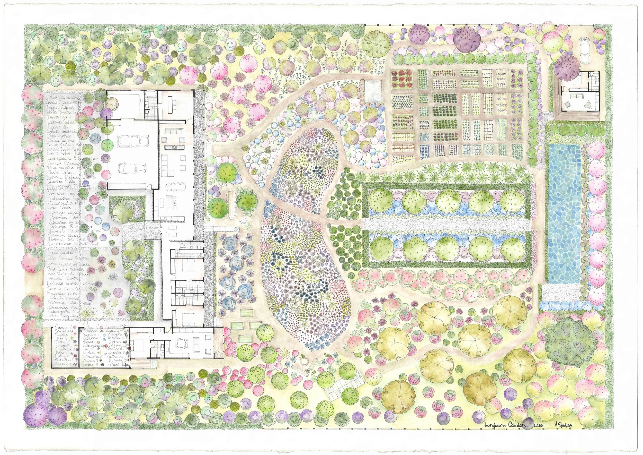 129: Victoria Stevens 
Wanaka 
Longbarn Garden 
1000mm x 700mm 
Watercolour, Inks 
$4700.00 
