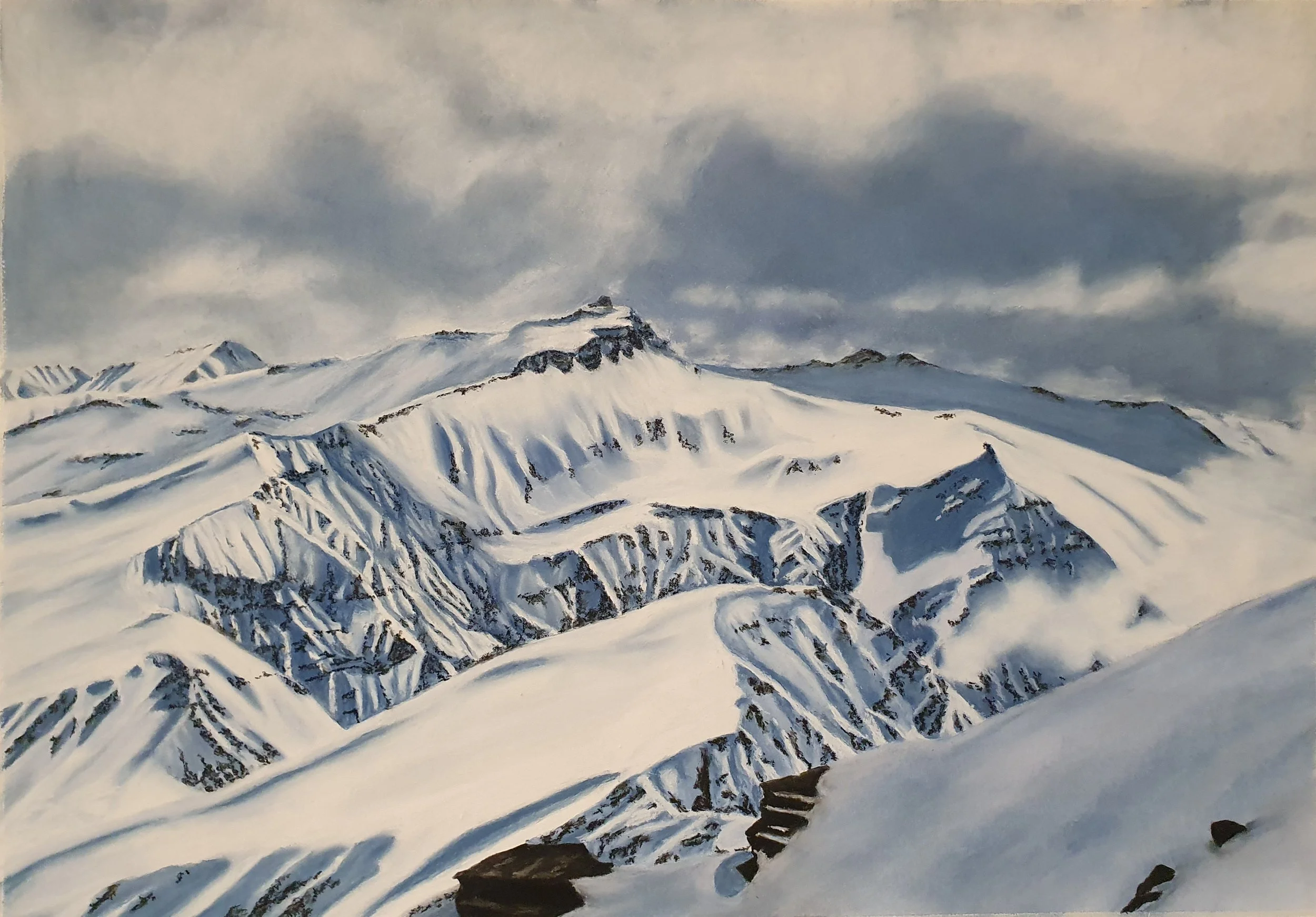 50: Jane Guise 
Christchurch 
Black Peak from TC summit 
920mm x 630mm 
Pastels 
$2200.00 
