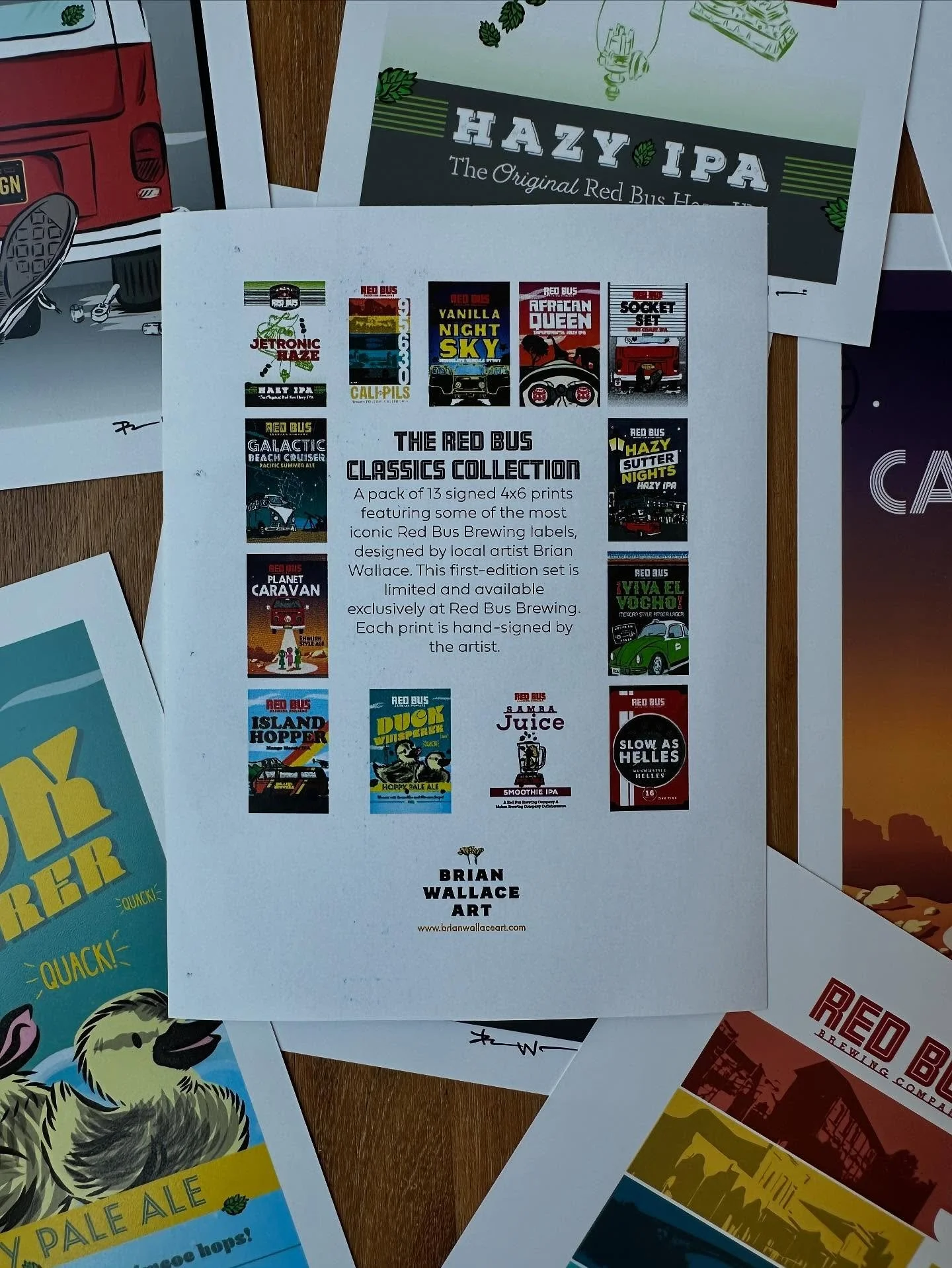 The Red Bus Classics Collection!
This is a pack of 13 small 4x6 prints of labels I designed for Red Bus Brewing. These are some of the classics&mdash;fan favorites from the Red Bus lineup. Each print is signed by me, and this first-edition set is onl