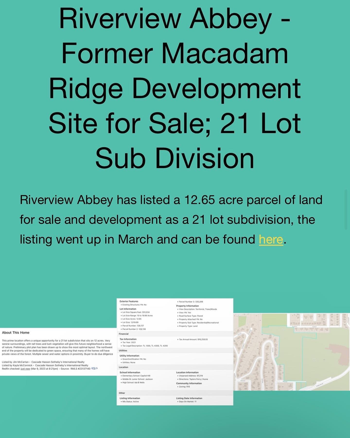 Riverview Abbey has listed a 12 acre lot for sale for a 21 lot subdivision 🏘️ - the former Macadam Ridge development site that was not developed in previous form denied by Portland City Council, the Land Use Board of Appeals as well as Oregon Court 