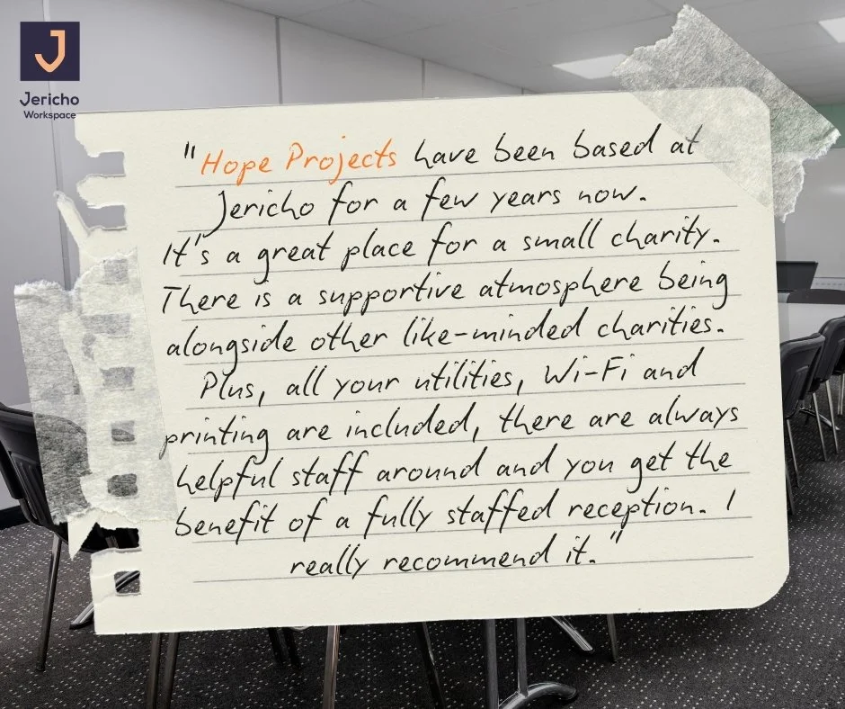 New year, new office space? 
Hear from one our of current tenants, Hope Projects, and how they feel about working within the Jericho building and how their charity benefits

We currently have  2 individual office spaces, that fits 6 people comfortabl