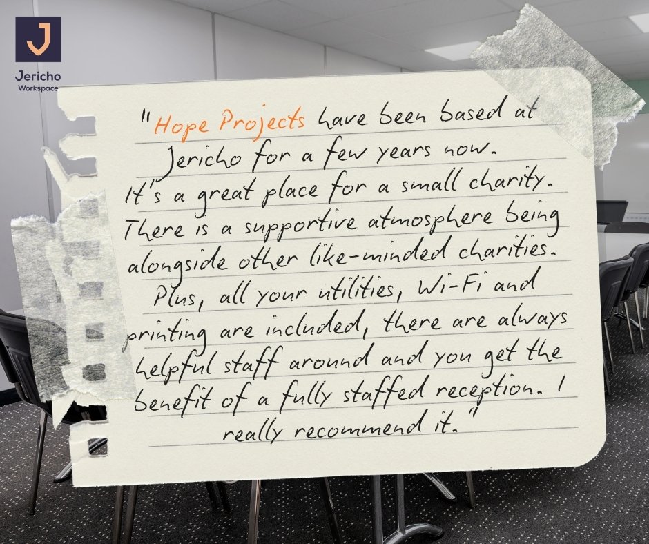 New year, new office space? 
Hear from one our of current tenants, Hope Projects, and how they feel about working within the Jericho building and how their charity benefits

We currently have  2 individual office spaces, that fits 6 people comfortabl