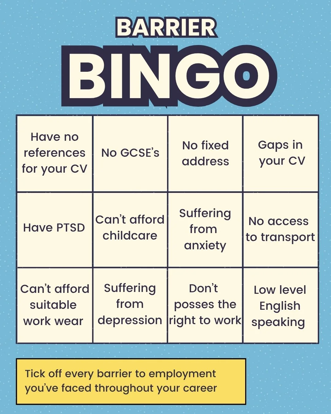 Now imagine facing all of these at once.
Because that is the reality for many of our participants 

Imagine every tick on this list isn&rsquo;t just a barrier, but a locked door. Now imagine trying to unlock a handful, or all of them at once with no 