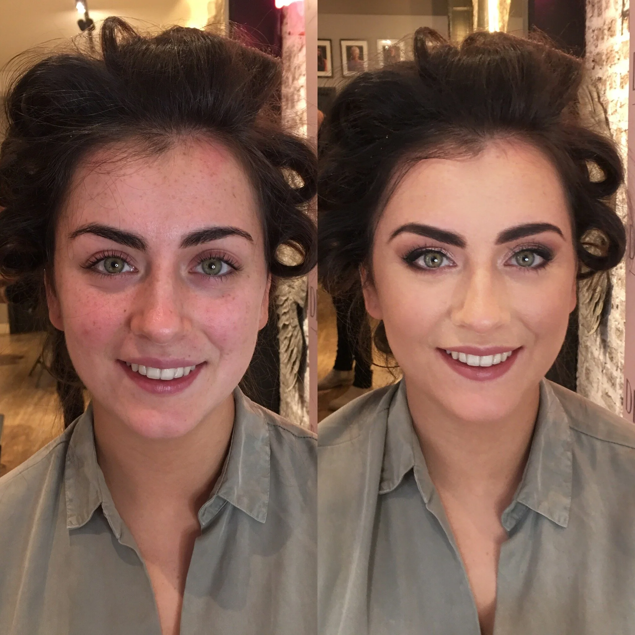 Comparison of a woman before and after makeup, showing improved skin tone, eye makeup, and lipstick.