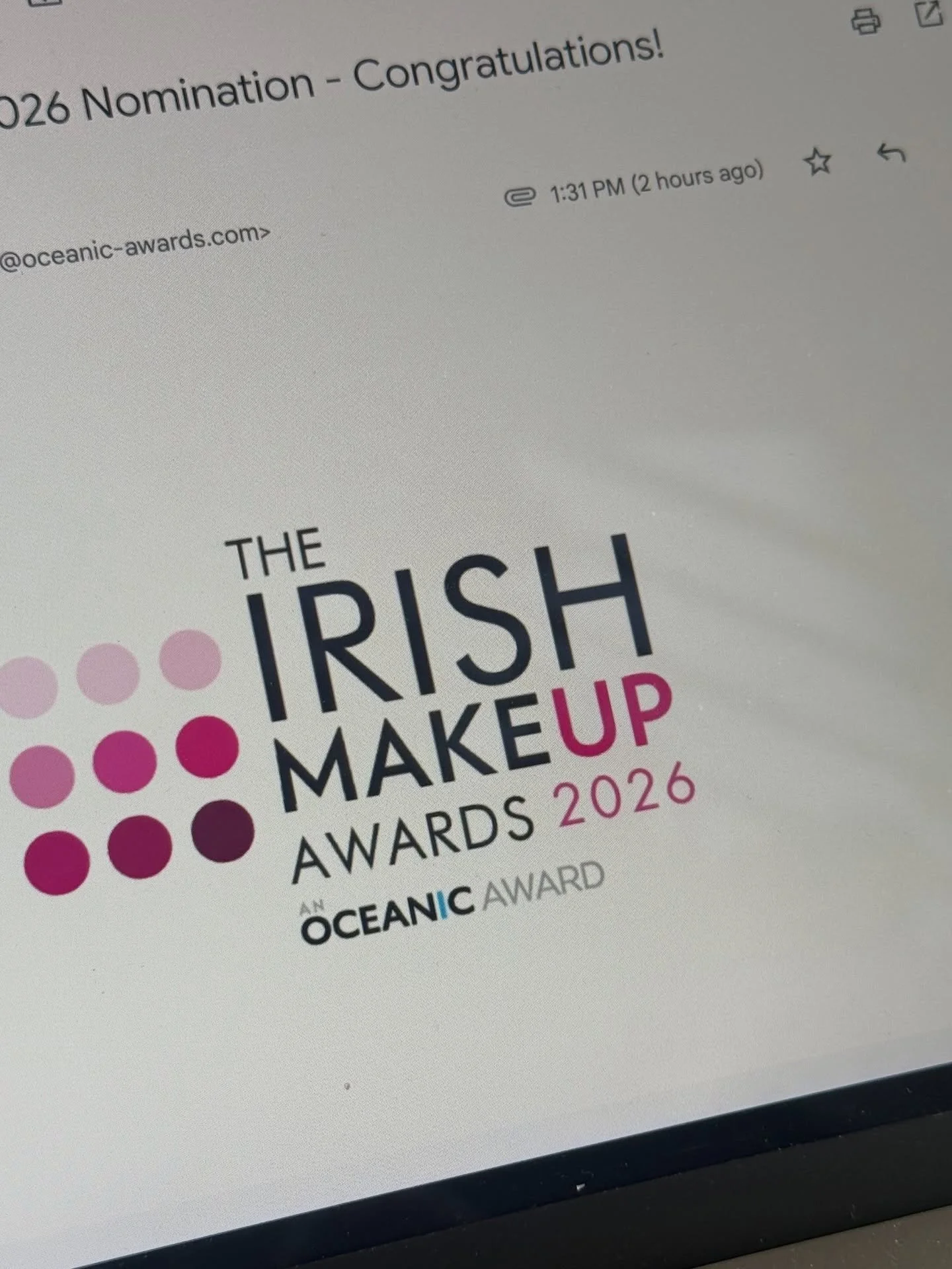OMG, I just got this lovely email saying I&rsquo;m a finalist for the Irish Makeup Awards 2026!
What an honour!! I&rsquo;m delighted (and surprised tbh)

Now, can I be cheeky and ask for your vote?
You can vote for me for Occasion Makeup Artist of th