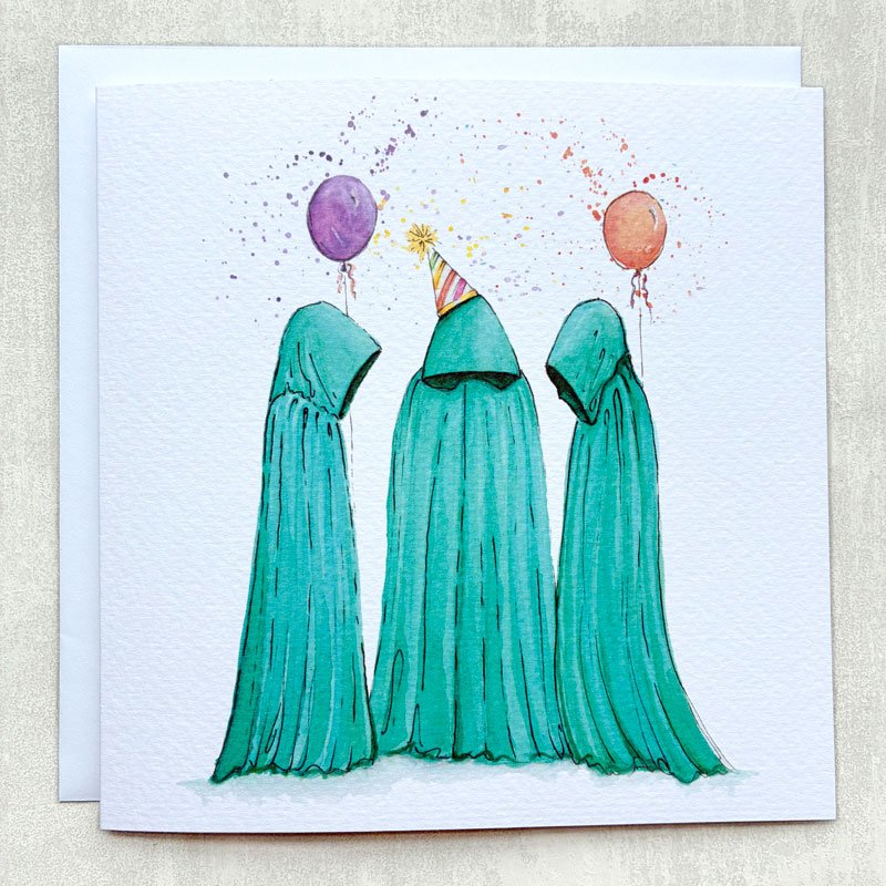Faithful Birthday Card featuring three cloaked figures with balloons. A funny, watercolour birthday card for reality TV, mystery and strategy game fans