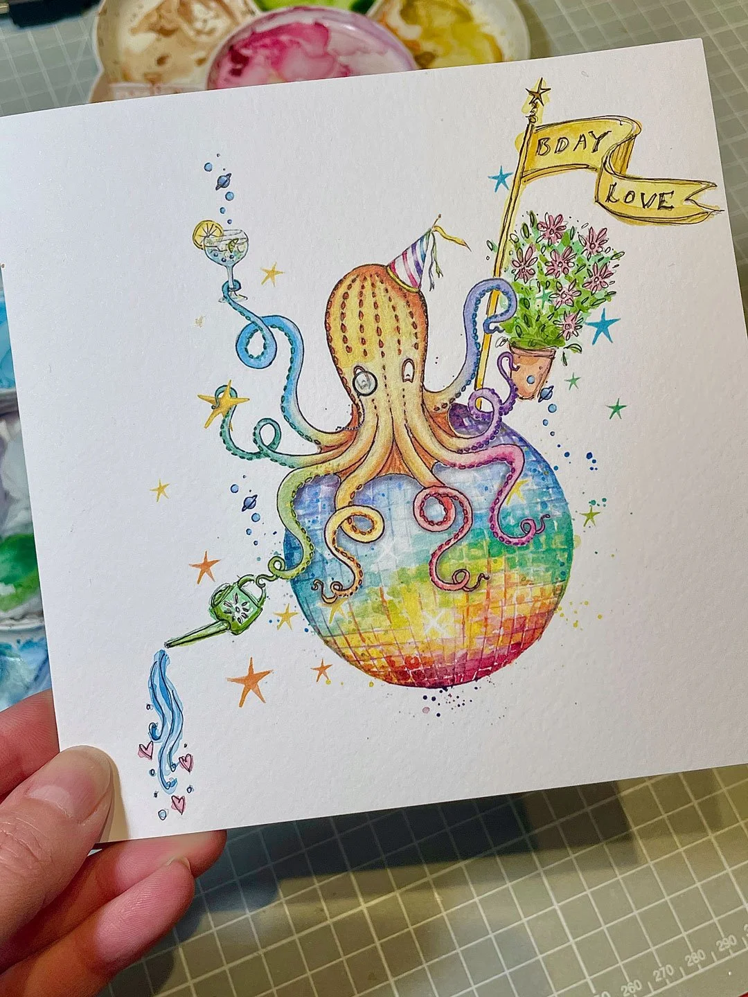 Inky the octopus does gardening! An adapted birthday card commission