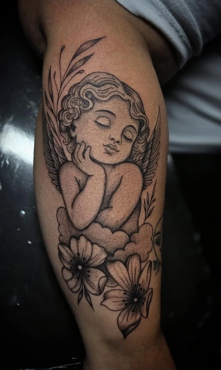 Black-and-grey cherub and flowers tattoo by Destiny