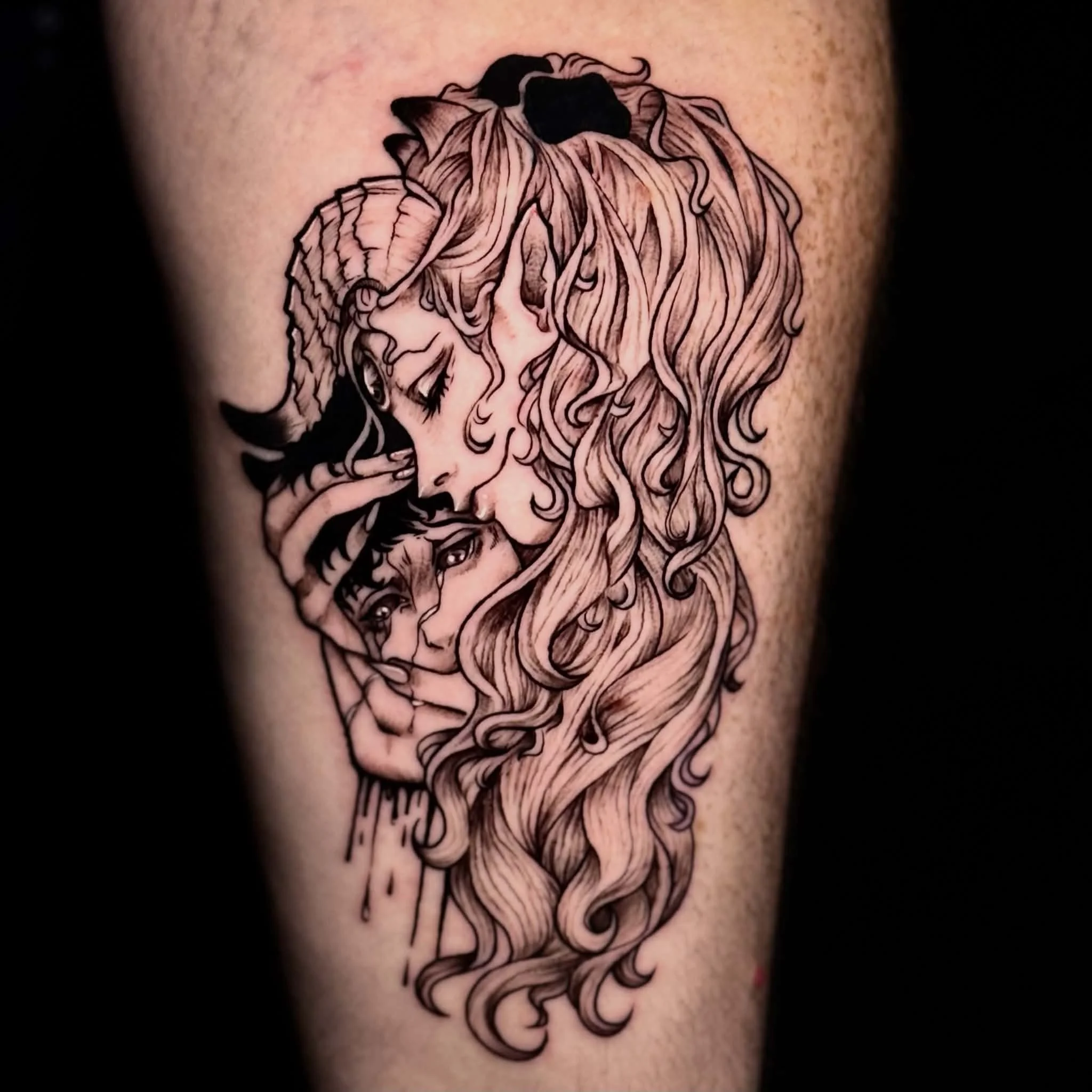 Illustrative horned fantasy portrait tattoo by Hailee Rivera