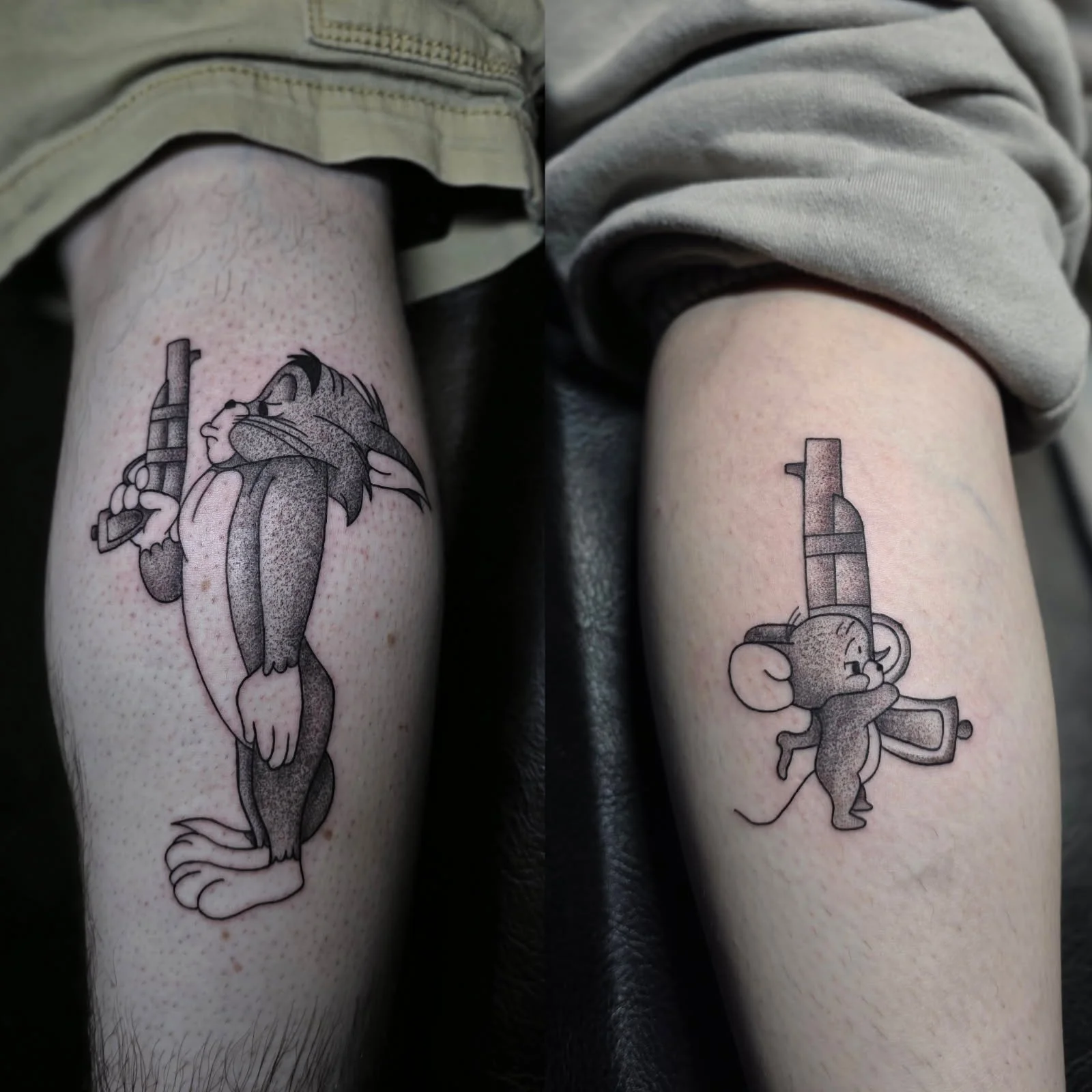 Matching black-and-grey cartoon cat and mouse tattoos by Destiny