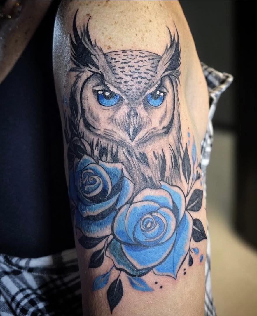 Owl and blue roses tattoo by Destiny