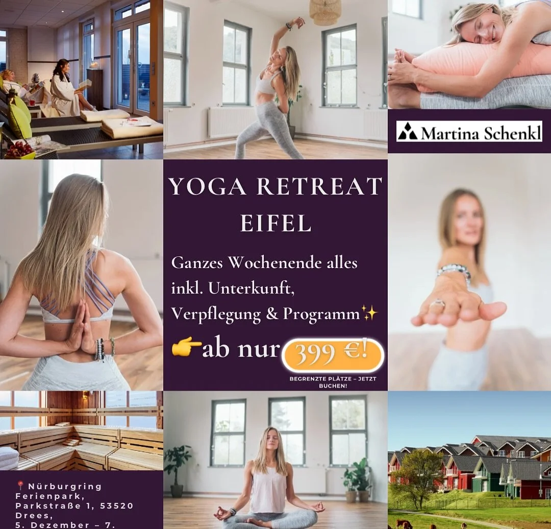 Yoga Retreat Eifel &ndash; Dein Wohlf&uuml;hl-Wochenende 

G&ouml;nn dir eine Auszeit vom Alltag 🧘🏼&zwj;♀️
Ein ganzes Wochenende voller Yoga, Wellness &amp; Natur &ndash; inkl. Unterkunft, Verpflegung &amp; Programm.

👉 ab nur 399 &euro; p.P.
(je 