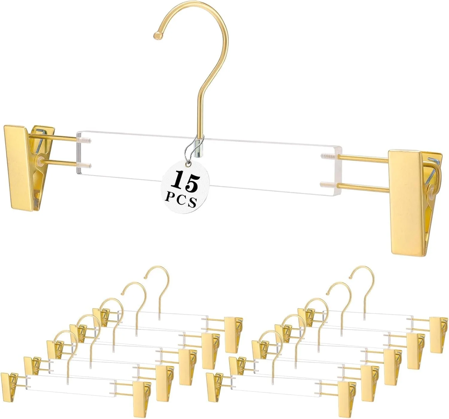 Set of 15 gold-colored clip hangers with transparent plastic bars and hooks