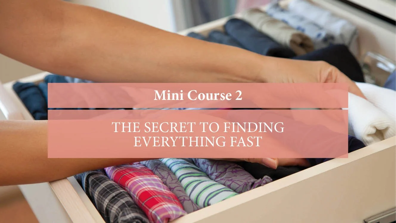 Person organizing men's dress shirts in a drawer with a pink overlay and text about a mini course.