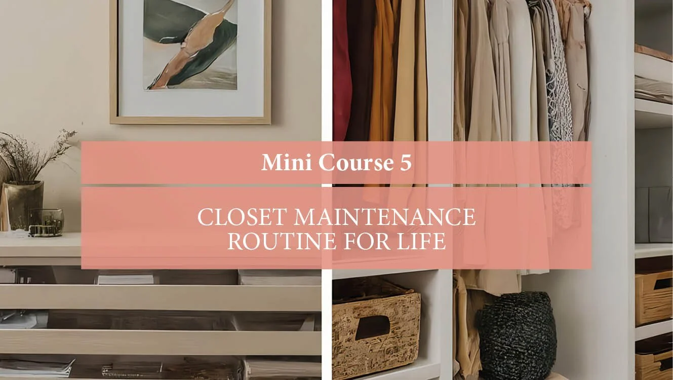 Organized closet with hanging clothes and storage bins, and a framed artwork on the wall behind.