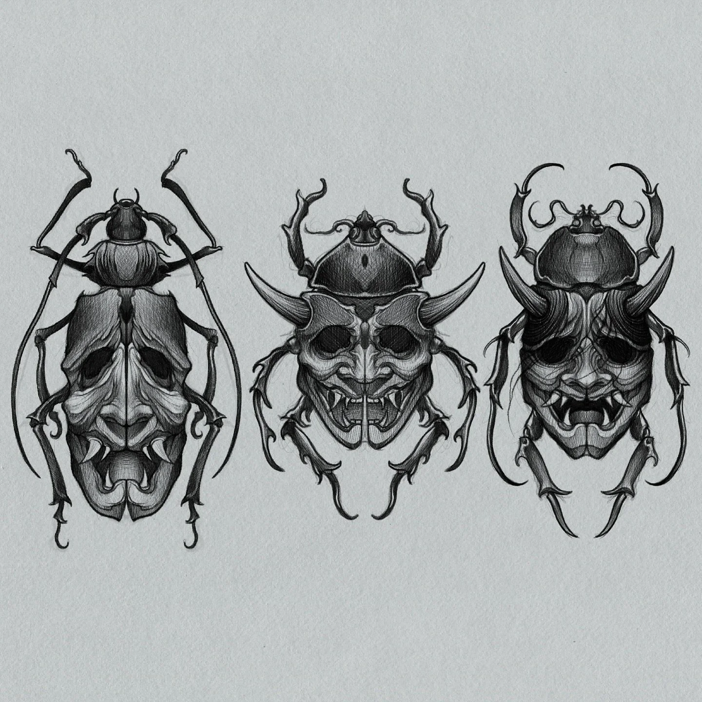 Drawing these was pretty damn fun. Some hannya beetles fresh for the picking. Drop me a DM if you&rsquo;re interested in getting one done 🪲