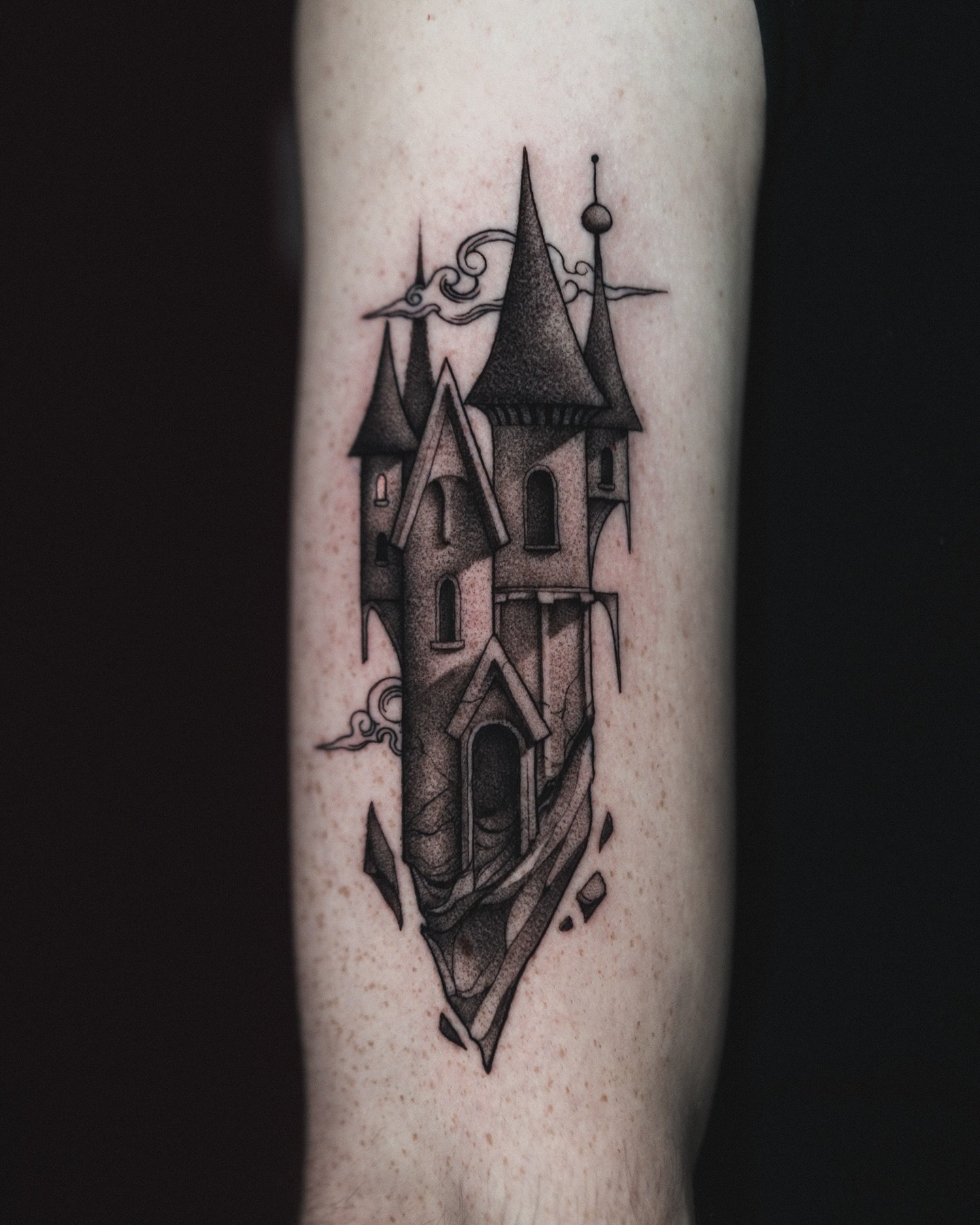 Drifting tower for Sam , made at @mothandflametattoo // @killerinktattoo @butterluxe_uk