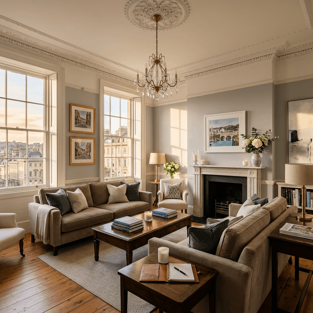 Luxury Georgian flat interior in Bath with high ceilings, ornate plasterwork, and elegant furnishings
