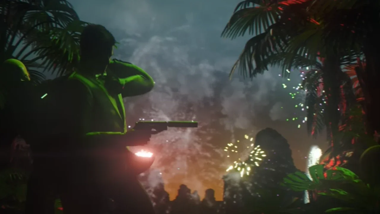 007 light gameplay screenshot featuring a silhouetted secret agent holding a silenced pistol against a tropical night sky filled with fireworks.