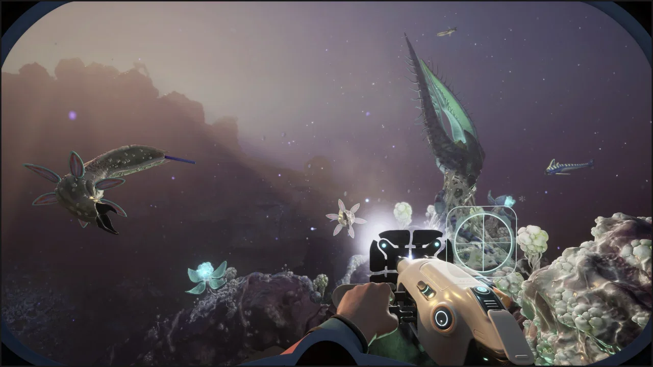 A first-person Subnautica 2 gameplay screenshot showing a diver holding a scanning tool while exploring a murky underwater alien world filled with bioluminescent flora and fauna.