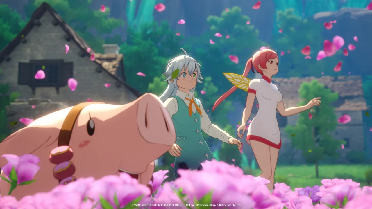 Gameplay screenshot from The Seven Deadly Sins: Origin featuring Tristan, Tioreh, and Hawk standing in a vibrant field of pink flowers.