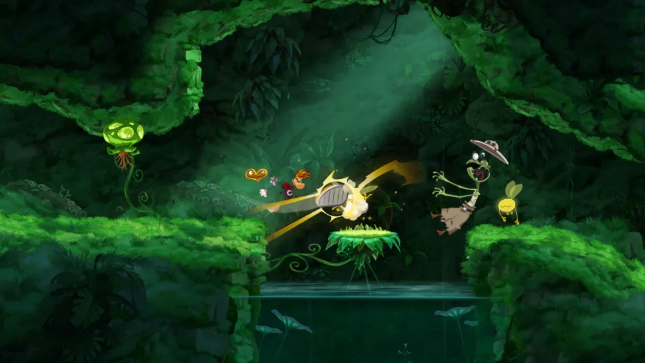 Rayman performing a dash attack in a vibrant, mossy jungle level over a pool of water in Rayman Origins: Enhanced Edition.