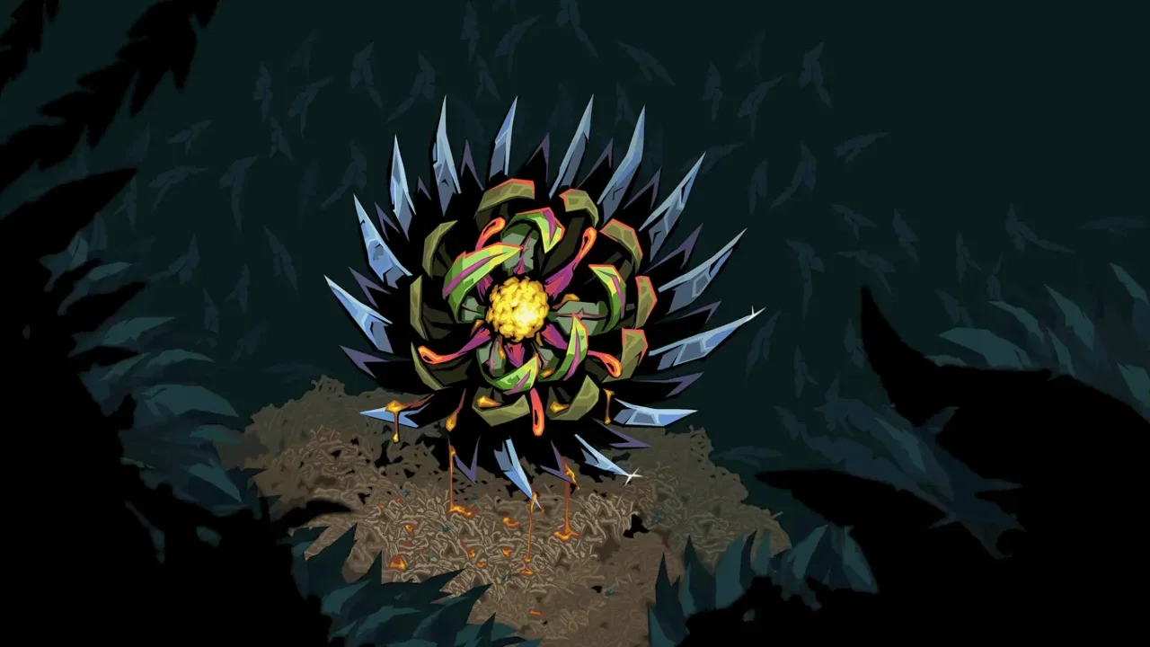 A gameplay screenshot of the Colossal Flower enemy from Slay the Spire 2, showcasing its sharp metallic petals and a glowing yellow core dripping orange nectar.