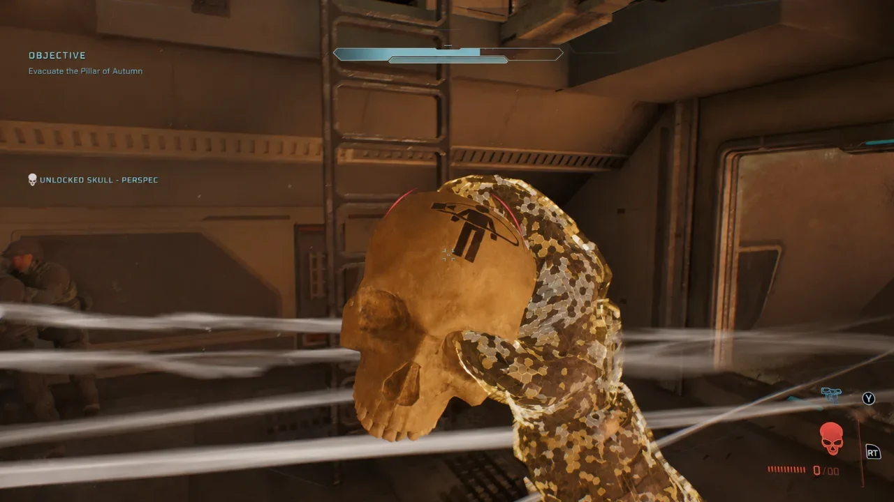 Gameplay screenshot from Halo Campaign Evolved showing the player holding the unlocked Perspec collectible skull on the Pillar of Autumn mission.