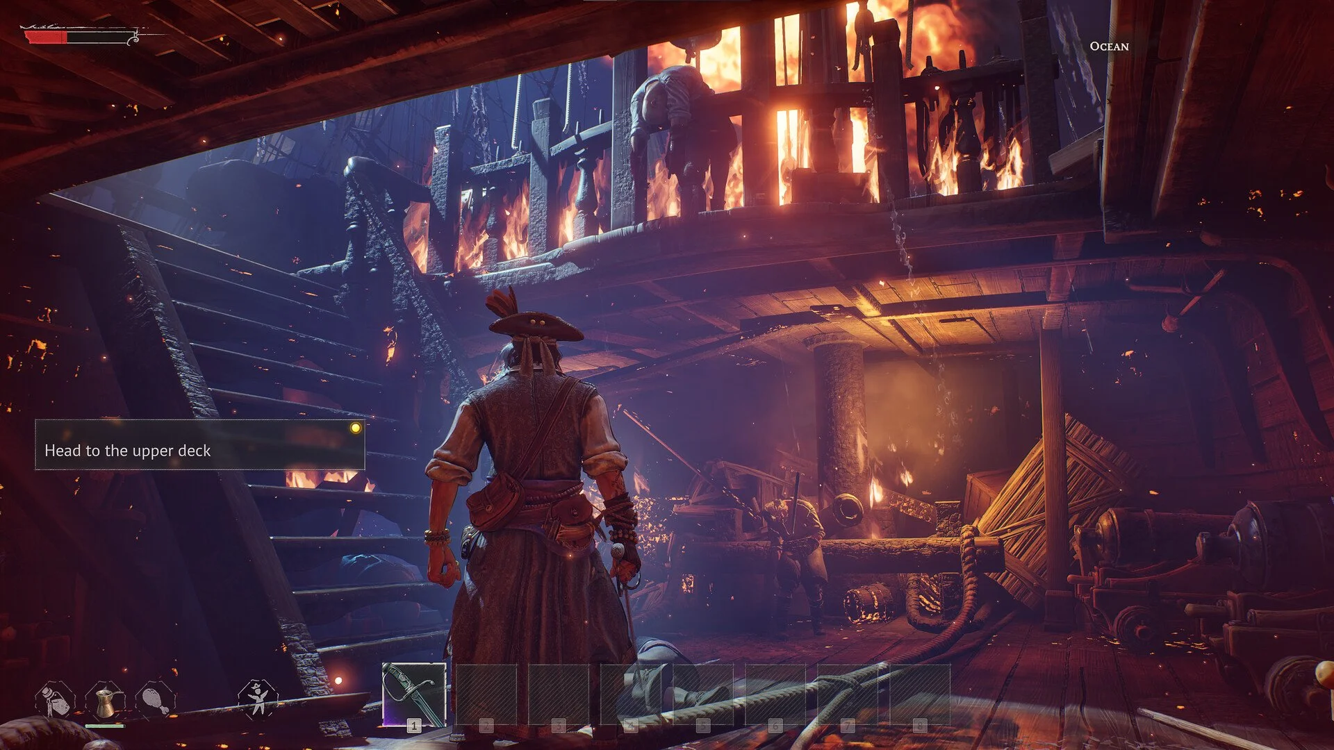 Windrose action RPG screenshot featuring a pirate character on a burning ship deck, looking towards an intensely engulfed upper level with raging flames.