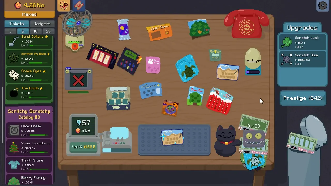 A pixel art gameplay screenshot of Scritchy Scratchy showing a wooden desk cluttered with various colorful scratch-off tickets, gadgets, and UI menus for upgrades and game progress.