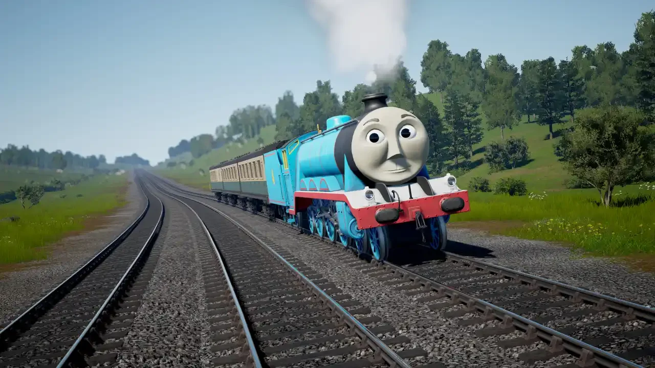 Gordon the Big Engine pulls a passenger coach along scenic railway tracks in a lush green landscape from the game Thomas & Friends: Wonders of Sodor.