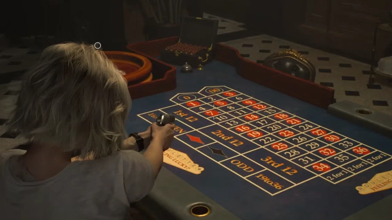 A third-person gameplay screenshot from Resident Evil Requiem showing a blonde character aiming a handgun at a casino roulette table.