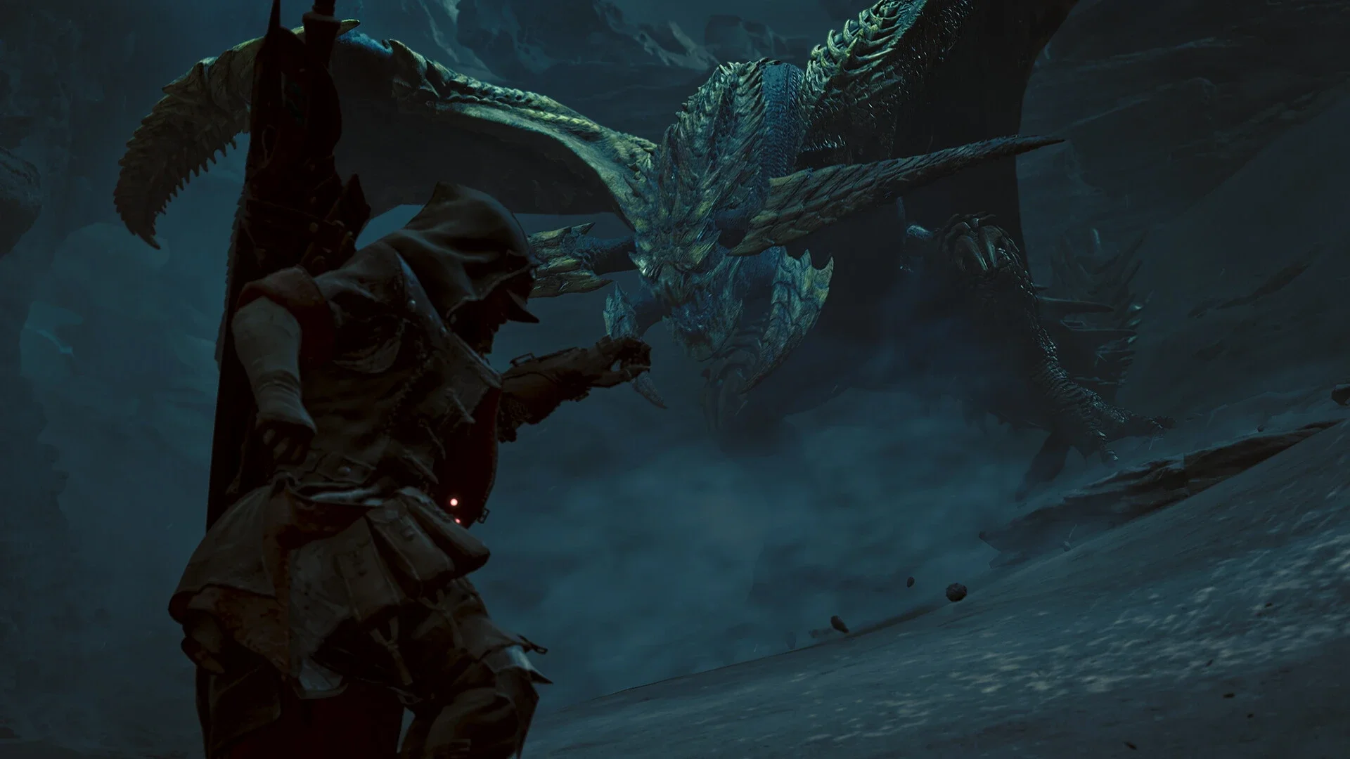 A dramatic encounter in Monster Hunter Wilds, showing a hooded Hunter facing off against a massive, dark green, winged monster emerging from a haze of dust and shadow.