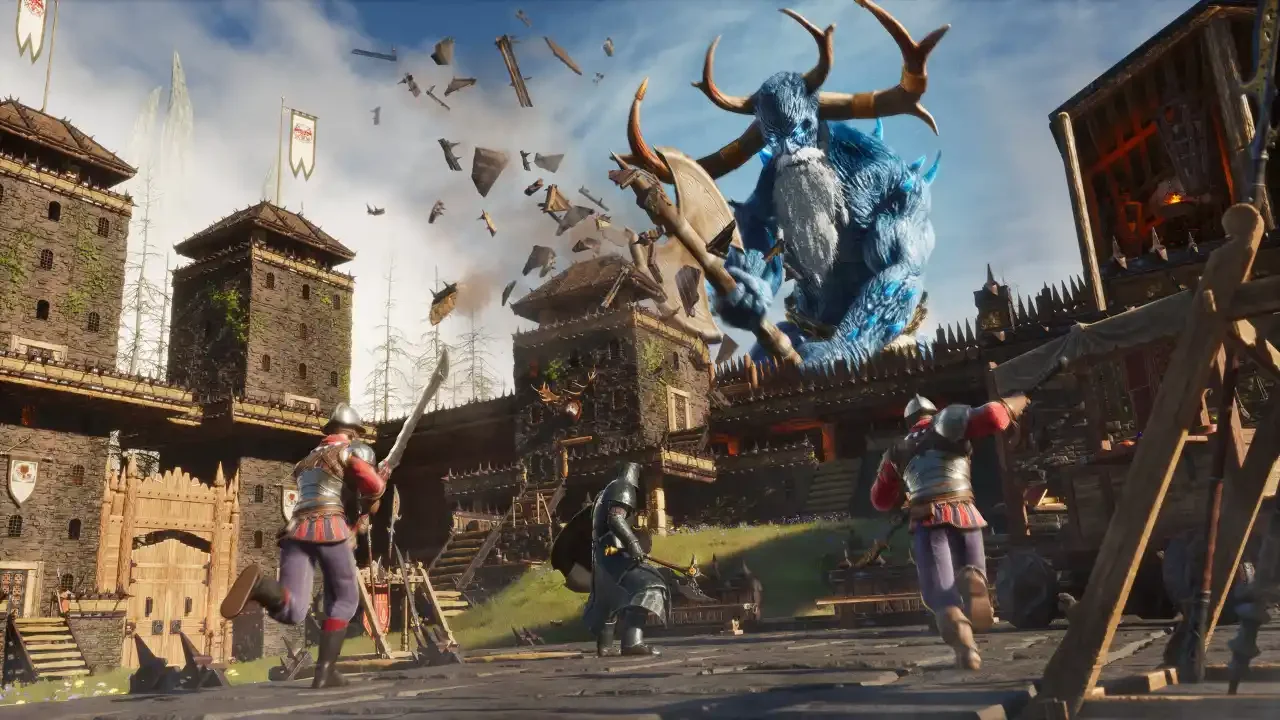Armored warriors defend a stone fortress against a massive, blue-skinned frost giant boss in this Conan Exiles Enhanced gameplay screenshot.