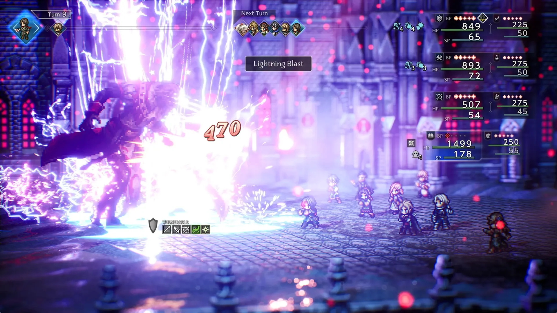 A turn-based battle screenshot from Octopath Traveler 0, showing a party of eight characters facing a large, cloaked enemy being struck by a powerful 'Lightning Blast' attack, displaying a damage number of 470.