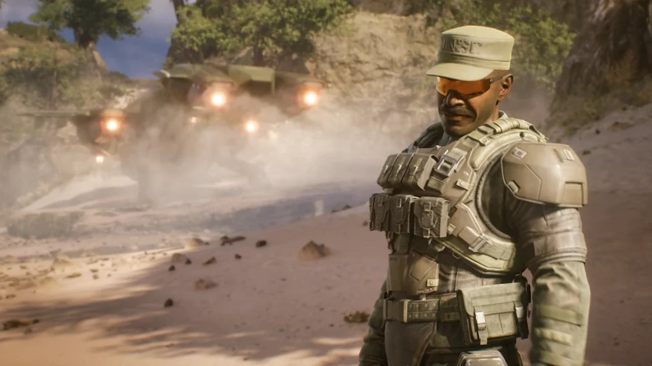 A gameplay screenshot from Halo Campaign Evolved featuring Sergeant Johnson standing on a sandy beach with a UNSC Pelican dropship taking off in a cloud of dust behind him.