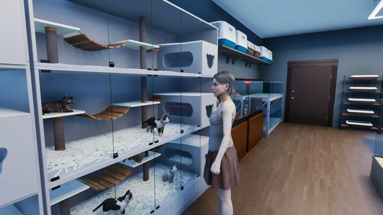 Exotica 2: Pet Shop Simulator screenshot featuring a detailed, multi-level kitten enclosure with several cats and the player character observing the display.