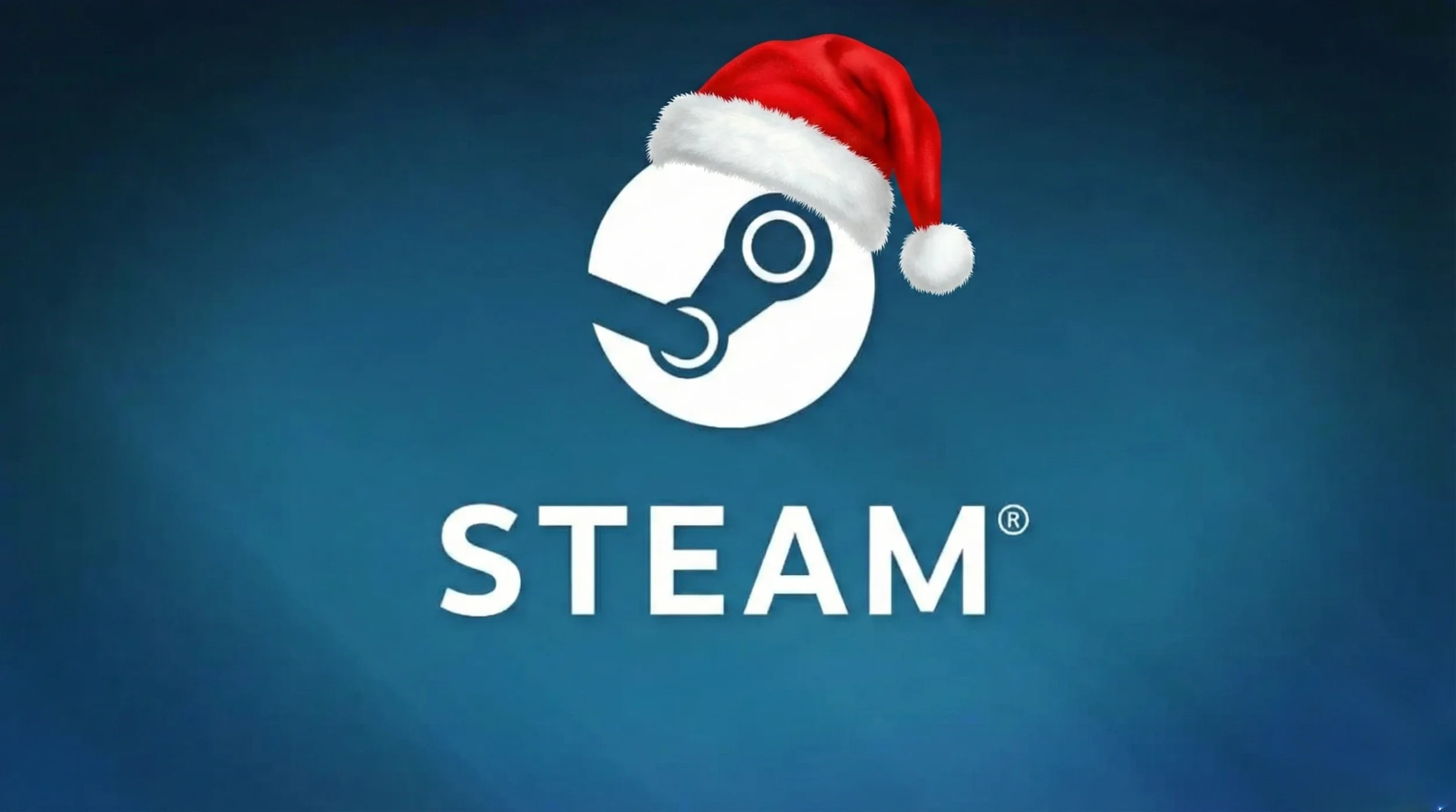 The white Steam logo wearing a red Santa hat is centered above the white text "STEAM" on a faded blue background, signifying the start of the annual Steam winter sale.