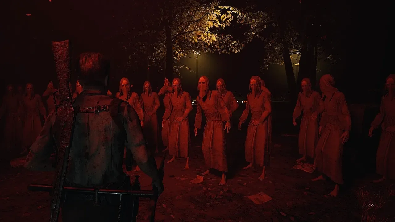 Fear The Timeloop gameplay showing the protagonist confronting a horde of red-lit cultists in a dark outdoor environment.
