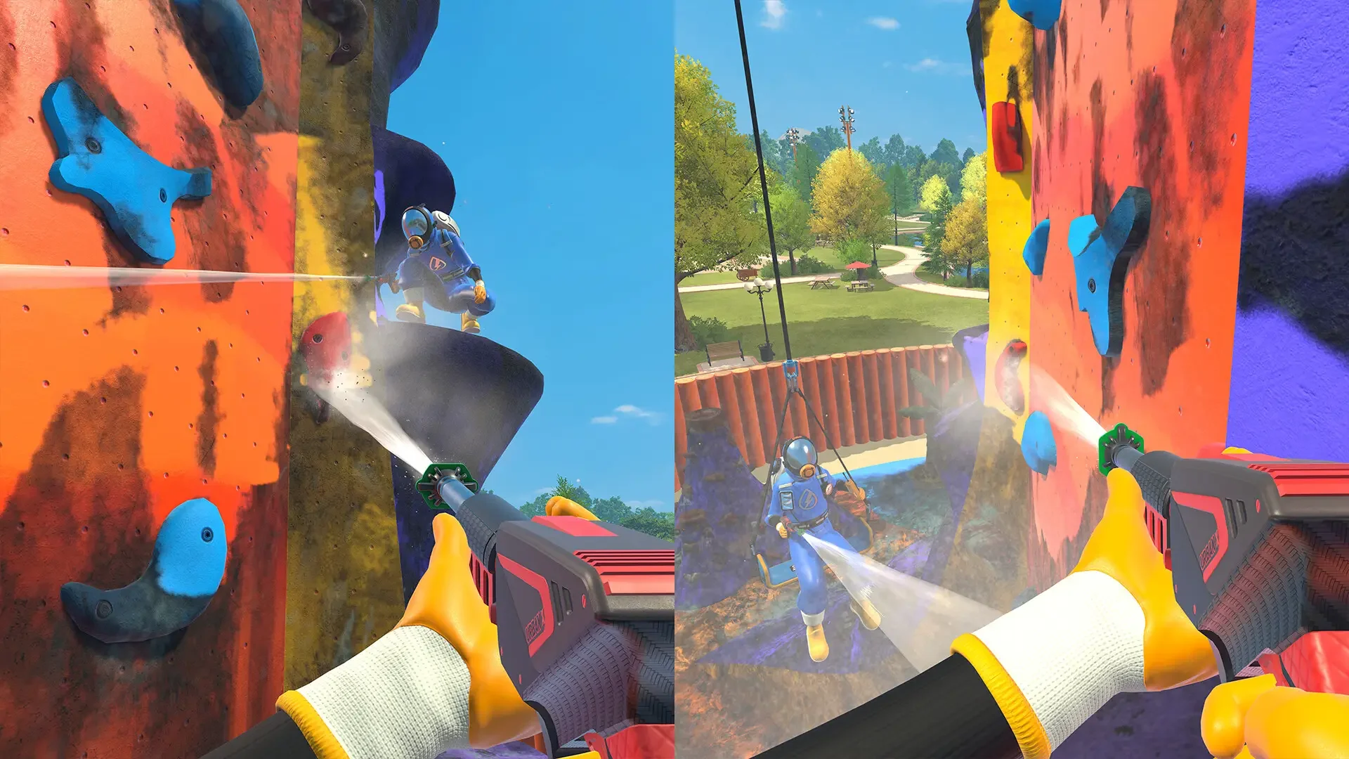 A PowerWash Simulator 2 screenshot showing the player using the power washer to clean a heavily soiled, multicolored climbing wall in a park setting, while an NPC hangs nearby via harness.