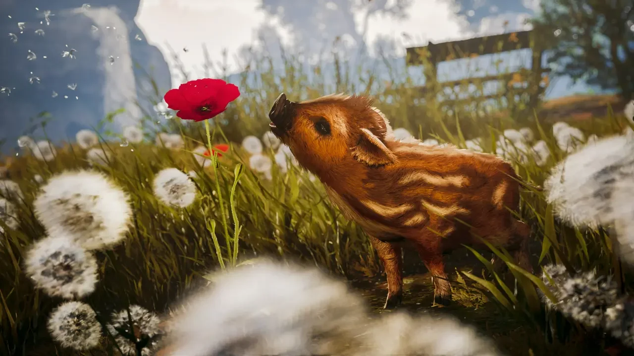 A cute striped baby boar sniffing a red poppy in a field of dandelions, a gameplay screenshot from Adorable Adventures.
