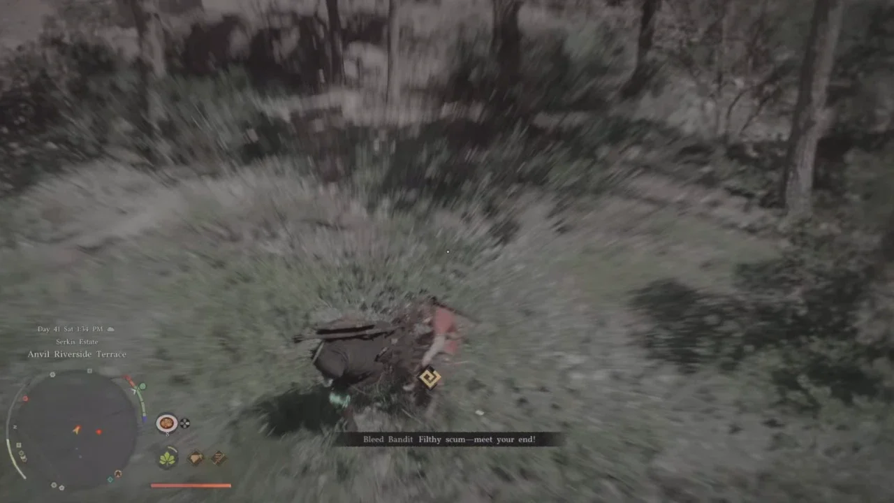 Crimson Desert gameplay screenshot showing fast-paced combat against a bandit in a grassy forest, featuring active UI elements and combat subtitles.