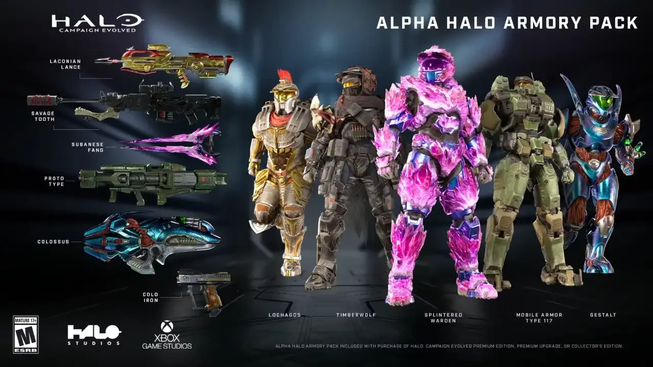 Promotional graphic for the Halo Campaign Evolved Alpha Halo Armory Pack, showcasing five unique Spartan armor sets and six custom weapon skins including the Splintered Warden armor and Laconian Lance weapon.