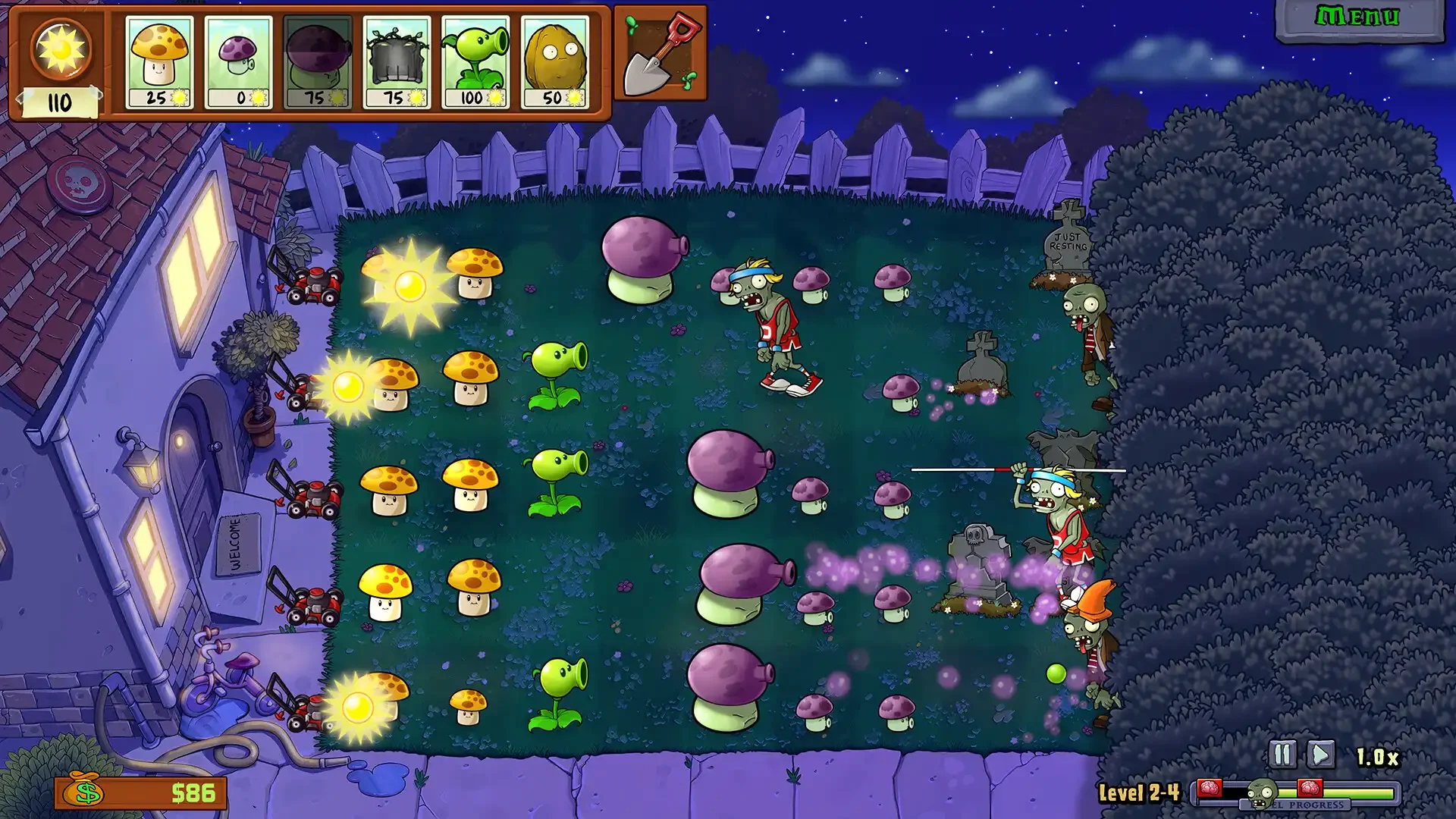 A screenshot from Plants vs. Zombies™: Replanted showing a night level defense with Fume-shrooms attacking gravestones and a Digger Zombie, supported by Sun-shrooms and Puff-shrooms.