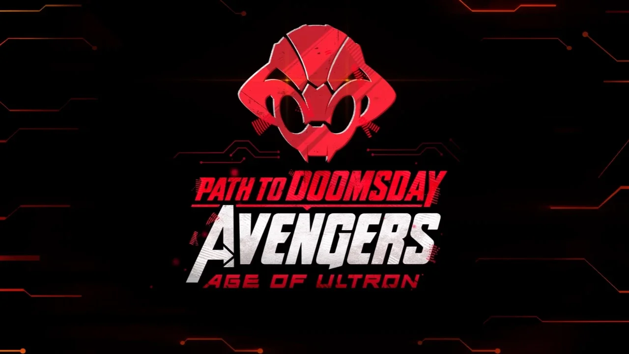Marvel Rivals promotional graphic for the Path to Doomsday: Avengers Age of Ultron event featuring a stylized red Ultron helmet.